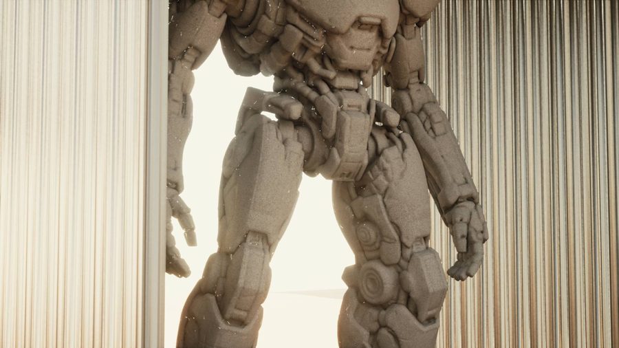 Close detail of a mech's armored torso and arms