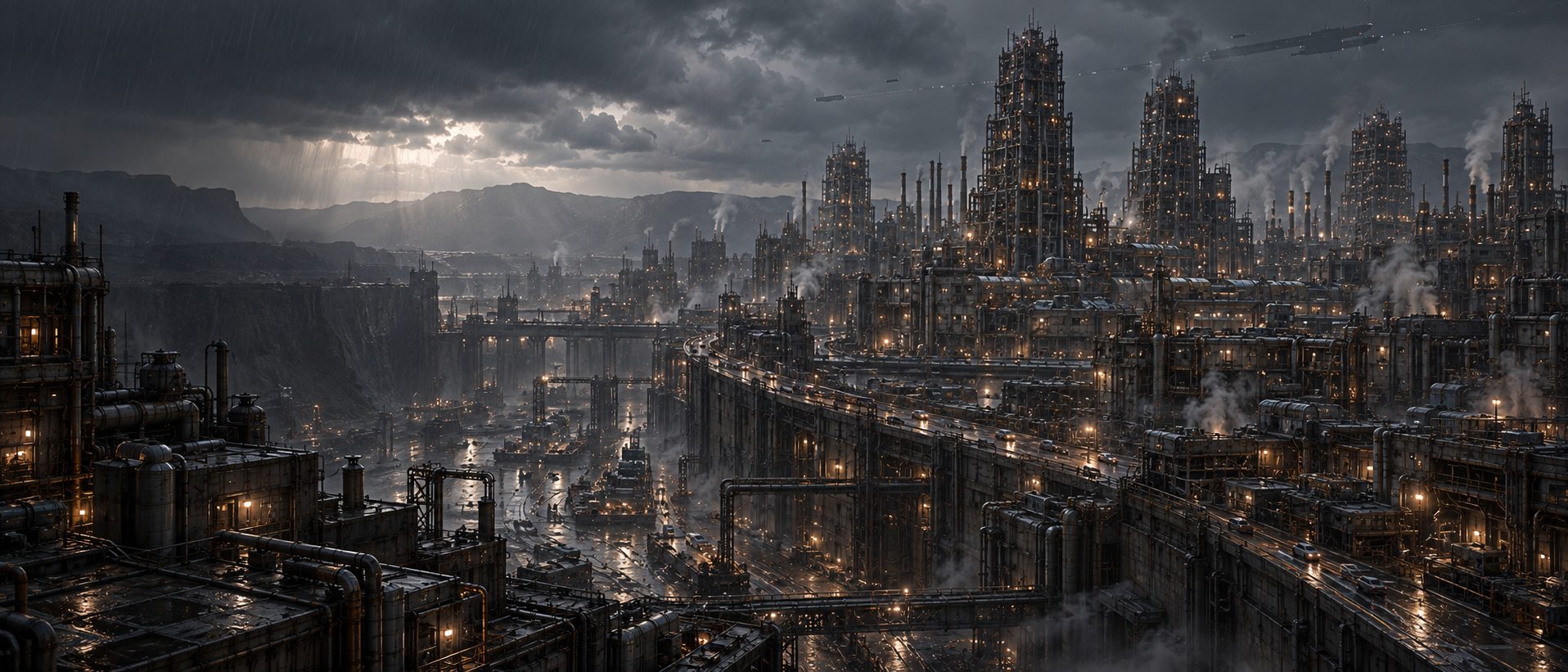 Rain-soaked industrial towers of the Warrens at night