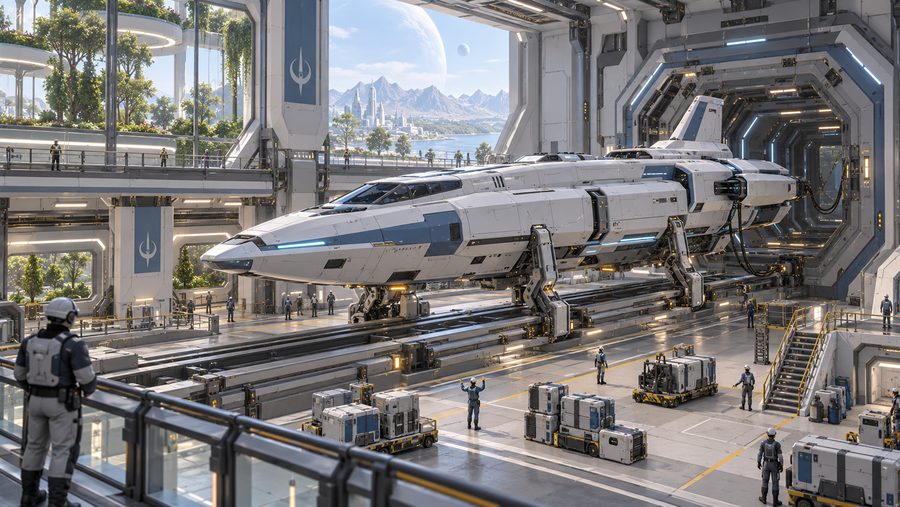 Ceti Lucid frigate docking in a clean garden-integrated berth