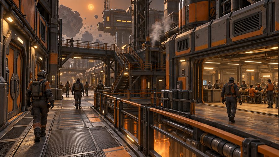 Eridani forge-station housing, canteen and industrial circulation