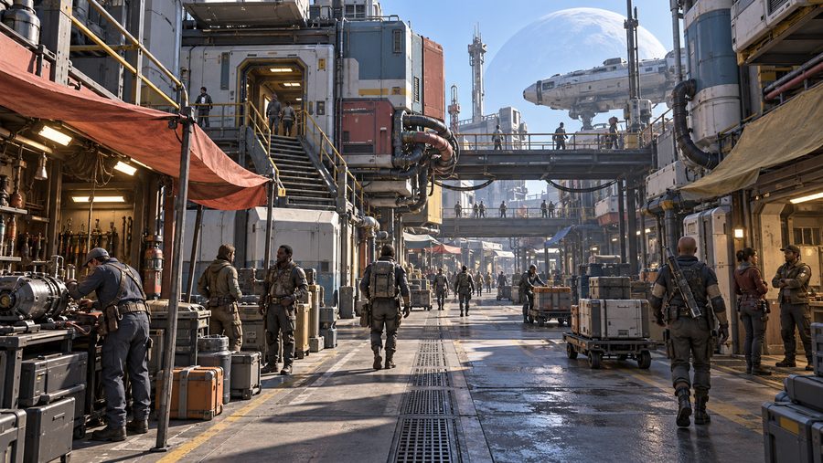 Sirius Free Port market street made from connected mixed-origin modules