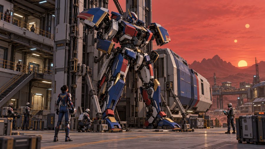 Seven Sisters Merope personal mech, pilot and launch crew at red dusk