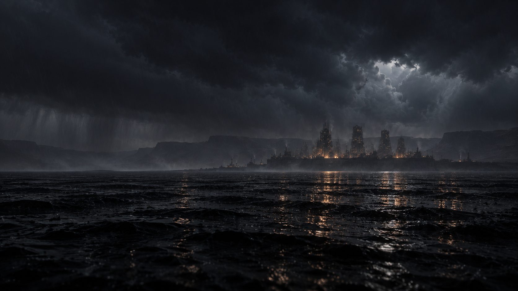 Dark storm water beneath the distant lights of the Warrens
