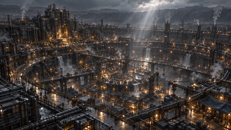 The Pit and Chapel district under rain and industrial light