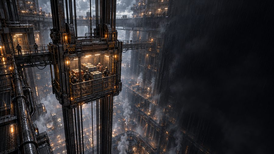 Freight elevator carrying workers through the vertical city