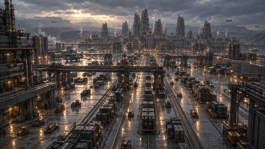 Rainy cargo spaceport beneath the towering Warrens