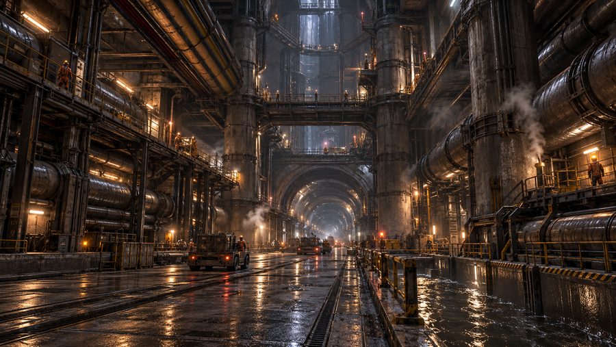 Underground maintenance road lined with pipes and service lights